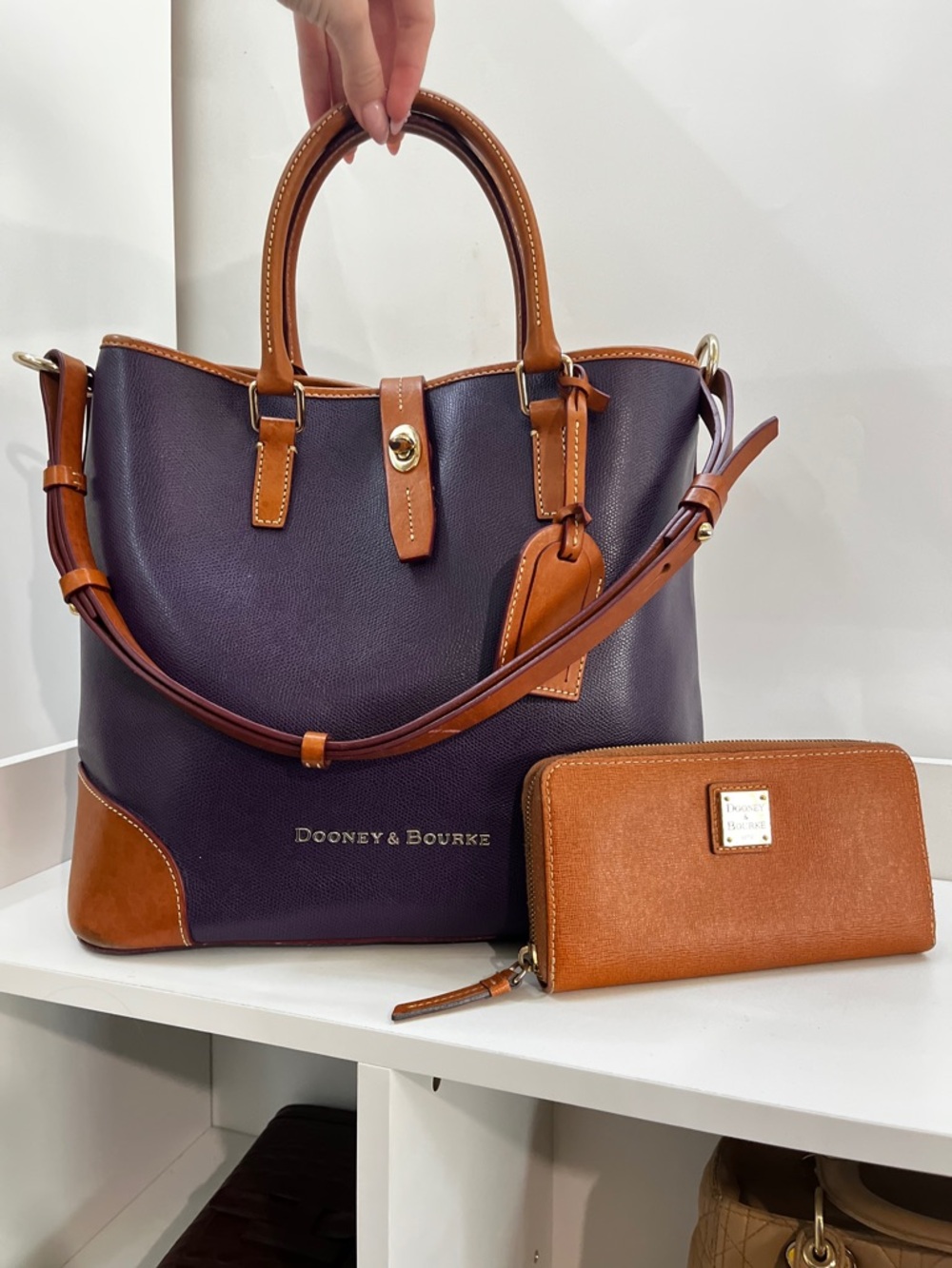 Dooney & Bourke Purple and Tan Leather Tote with Matching Wallet